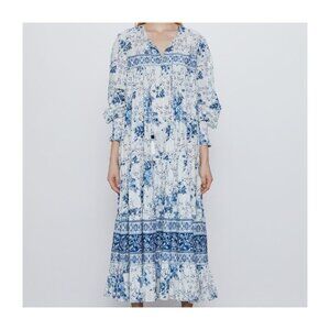 Zara Boho Tiered Maxi Smock Dress Floral Printed Size Small Blue and White